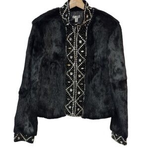 Vintage Cache Y2K‎ Black Rabbit Fur Coat Beaded Rhinestone Western Glam Coat